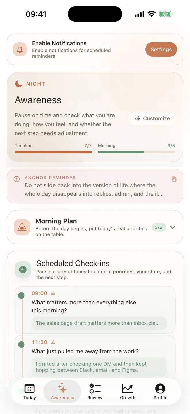 Timed awareness check-ins listed by time, with questions and answers