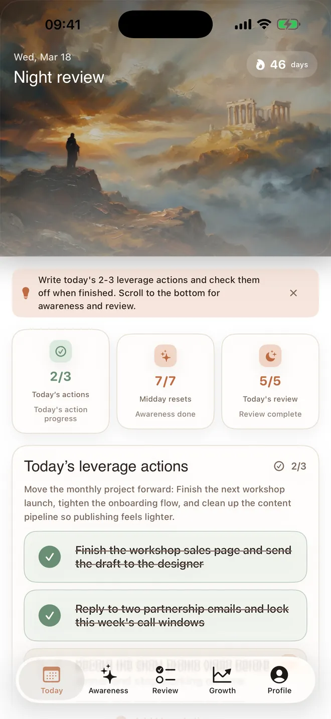 Acta Home: the evening review card and today’s lever actions