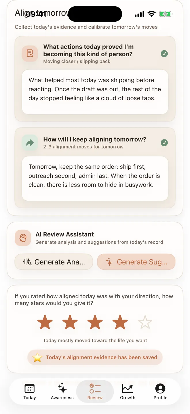 Review screen: five-step reflection (Look back, Examine, Question, Face, Act) and a 1–5 star alignment rating